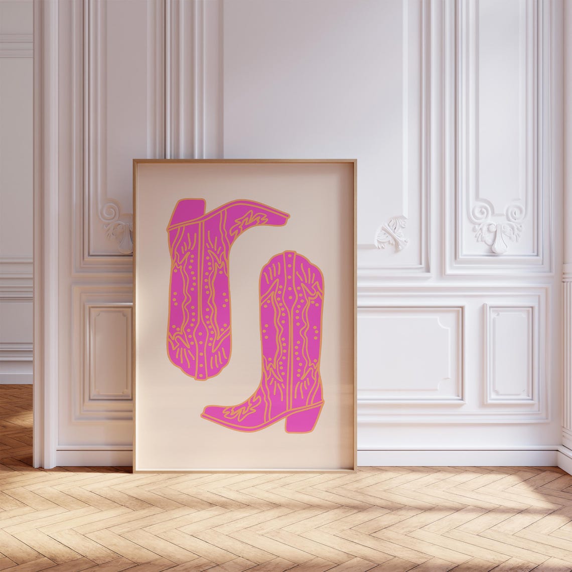 Hot Pink Cowboy Boots Orange Line Detail Pair Western Poster - Image 3