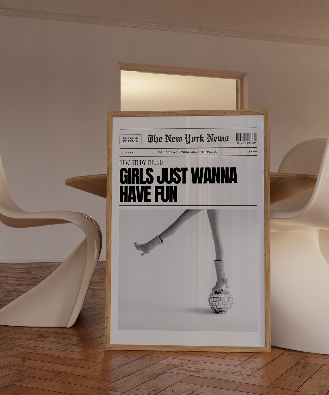 Newspaper Disco Art Print, Black and White Retro - Image 3