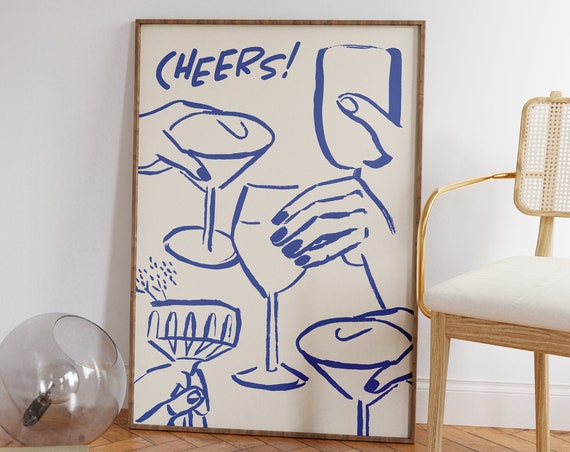 Handdrawn Blue Cheers Poster, French Eclectic Kitchen Print