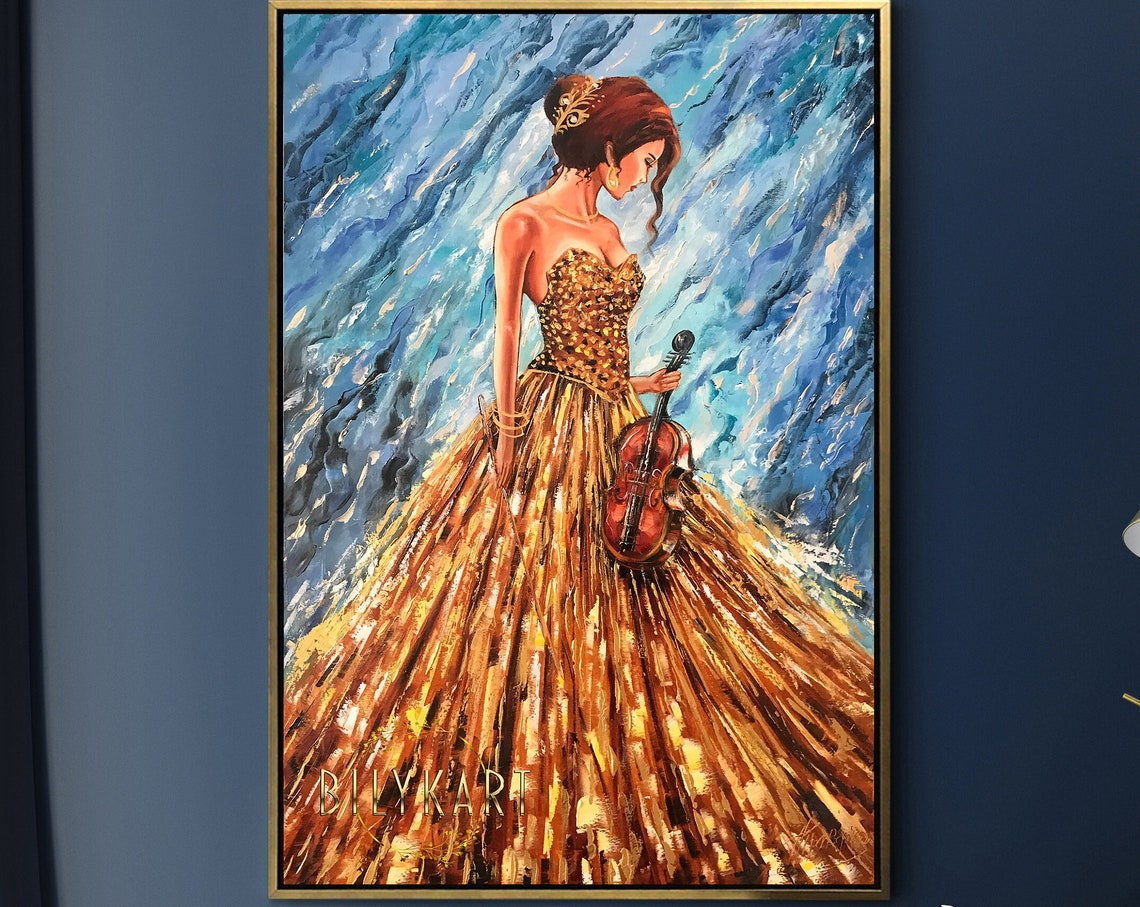 Abstract Woman In Gold Dress Oil Painting Original Girl Music Painting Blue Gold Violin Decor Violin Player Painting Modern Woman Artwork - Image 2