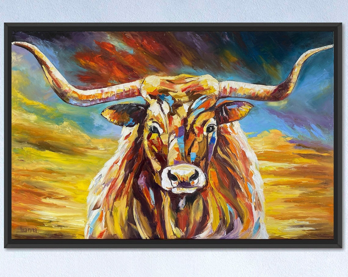 Longhorn Painting Original Texas Longhorn Art Abstract Bull Painting Colorful Longhorn Wall Art Texas Oil Painting Cow Painting On