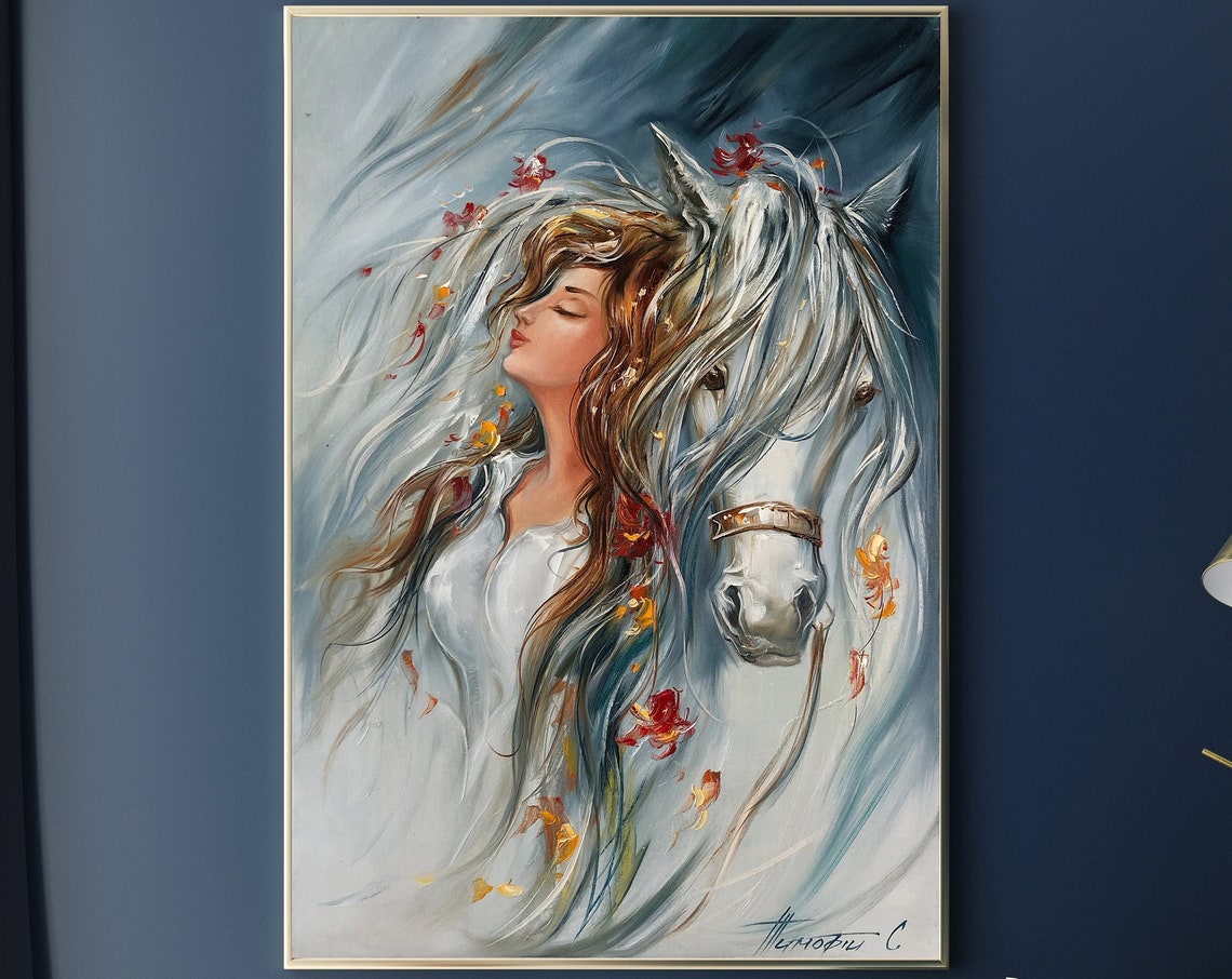 Girl And Horse Painting Wild Horse Wall Art Animal Painting On White Horse Art Women Gift Original Woman With Horse Oil Painting