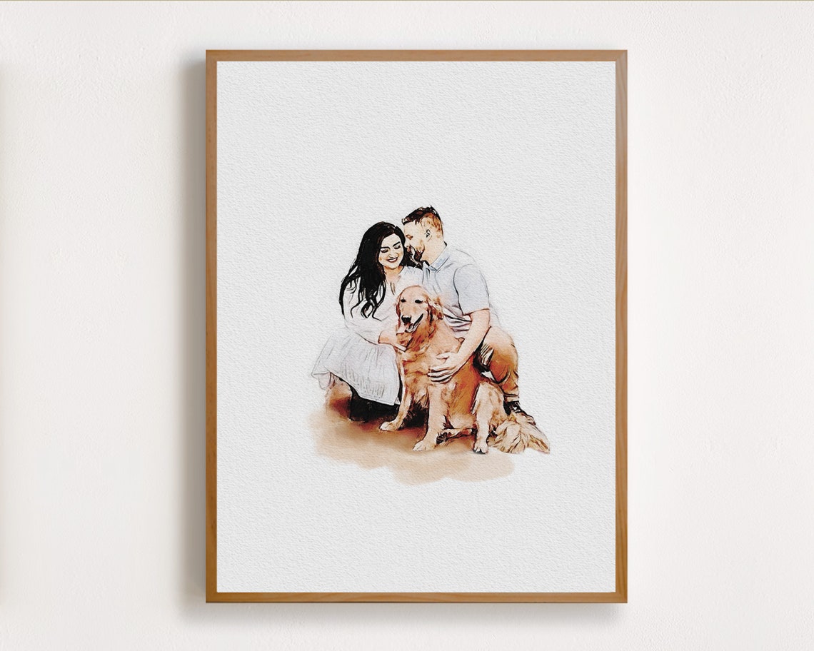 Personalised Couple Portrait With Pet Watercolor Portrait Pet Portrait From Photo Couple And Pet Drawing Pet Memorial Gift Sympathy Gift - Image 6