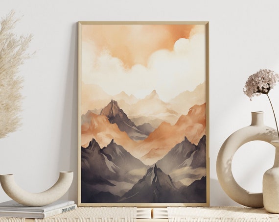Modern Living Room Wall Art Scandi Mountain Landscape Poster Beige Gray Print Hallway Bedroom Artwork Decor Idea