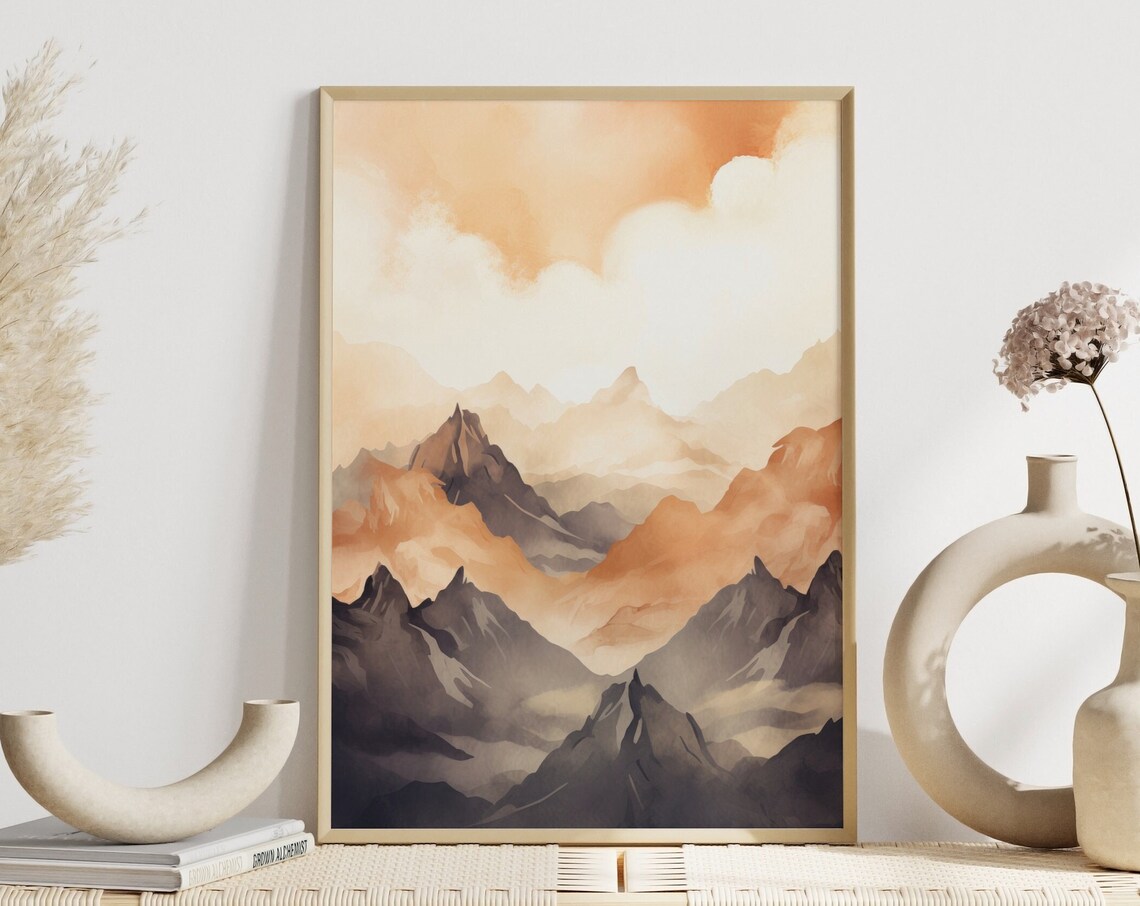 Terracotta Misty Mountain Peaks Soft Watercolor Landscape Poster