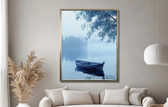 Tranquil Blue Boat On Misty Lake Wall Art Serene Nature Landscape With Foggy Waters Calming Lake Scene Decor For Living Room