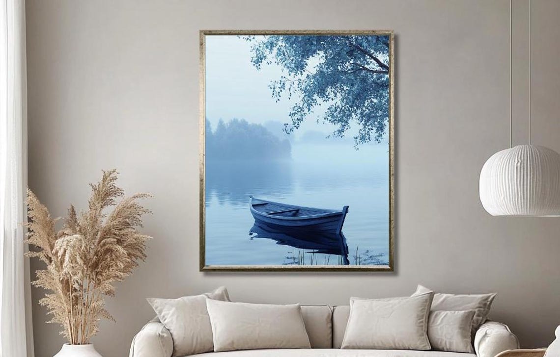 Tranquil Blue Boat On Misty Lake Wall Art Serene Nature Landscape With Foggy Waters Calming Lake Scene Decor For Living Room