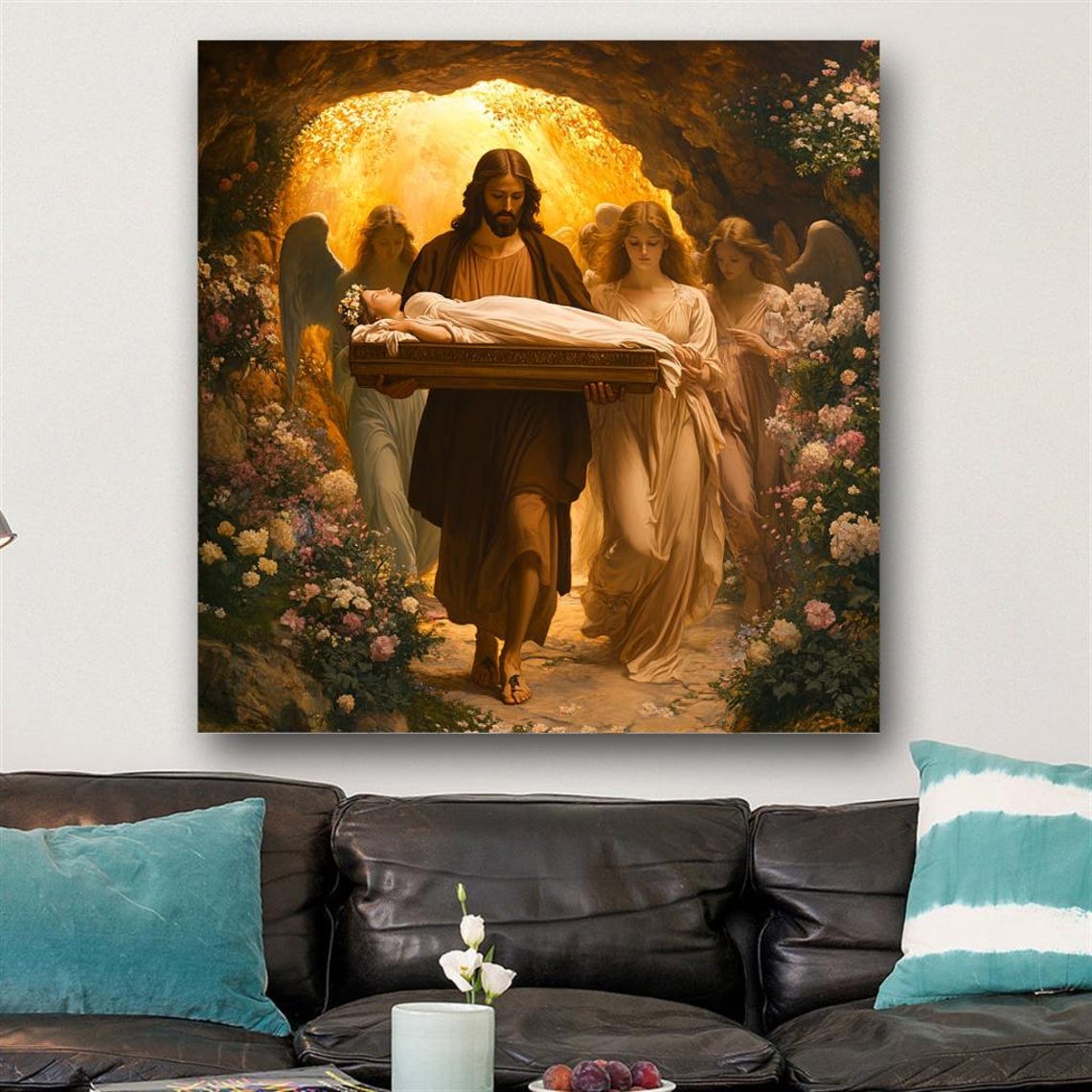 Jesus and Angels Carrying a Child Through a Garden of Light Poster - Image 2