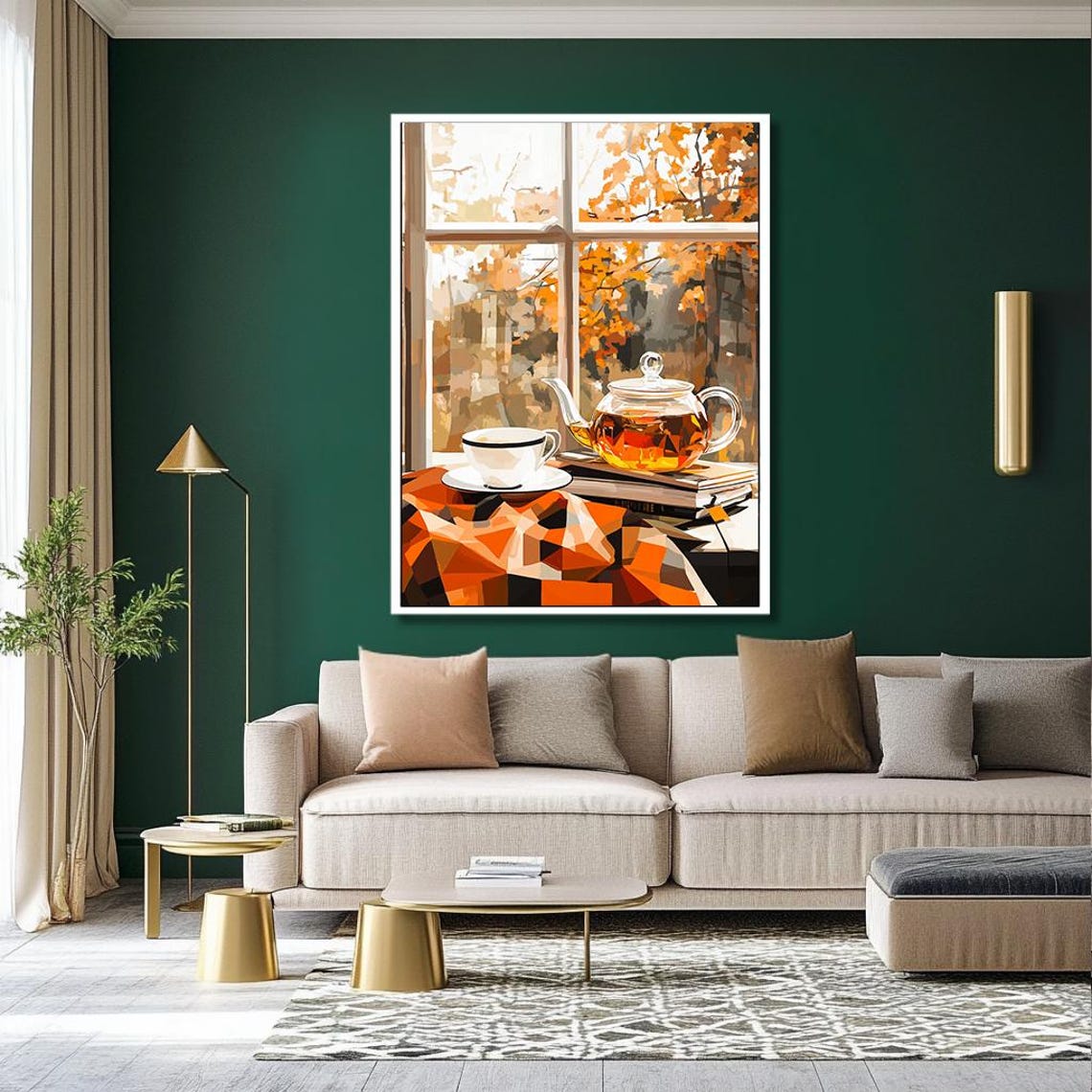 Cozy Autumn Tea Art Warm Geometric Window Scene With Teapot And Cup Fall Inspired Wall Decor For Relaxing Interiors - Image 2