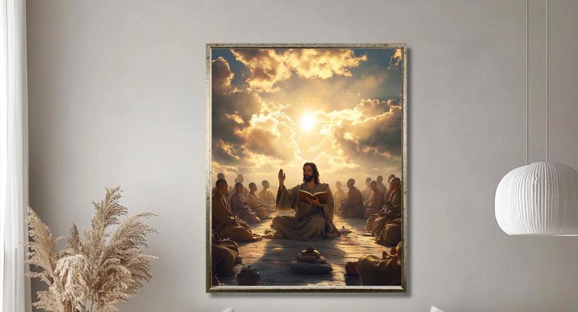 Sermon On Mount Wall Art Golden Sunset Religious Print Biblical Teaching Wall Decor