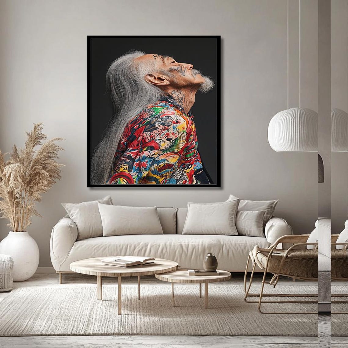 Tattooed Elderly Asian Man With Long White Hair Portrait Poster - Image 2