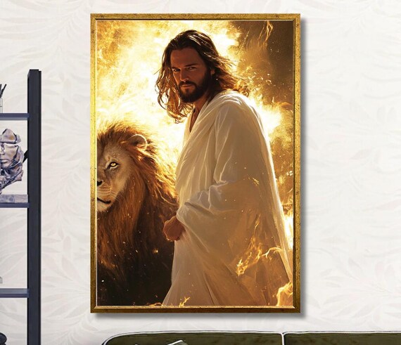 Jesus Standing Beside A Majestic Lion In Golden Flames Poster