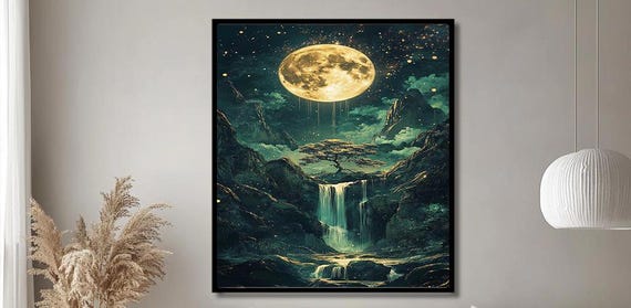 Surreal Moonlit Waterfall Wall Art Dreamy Night Landscape With Full Moon Stars And Waterfall Fantasy Art For Living Room Or