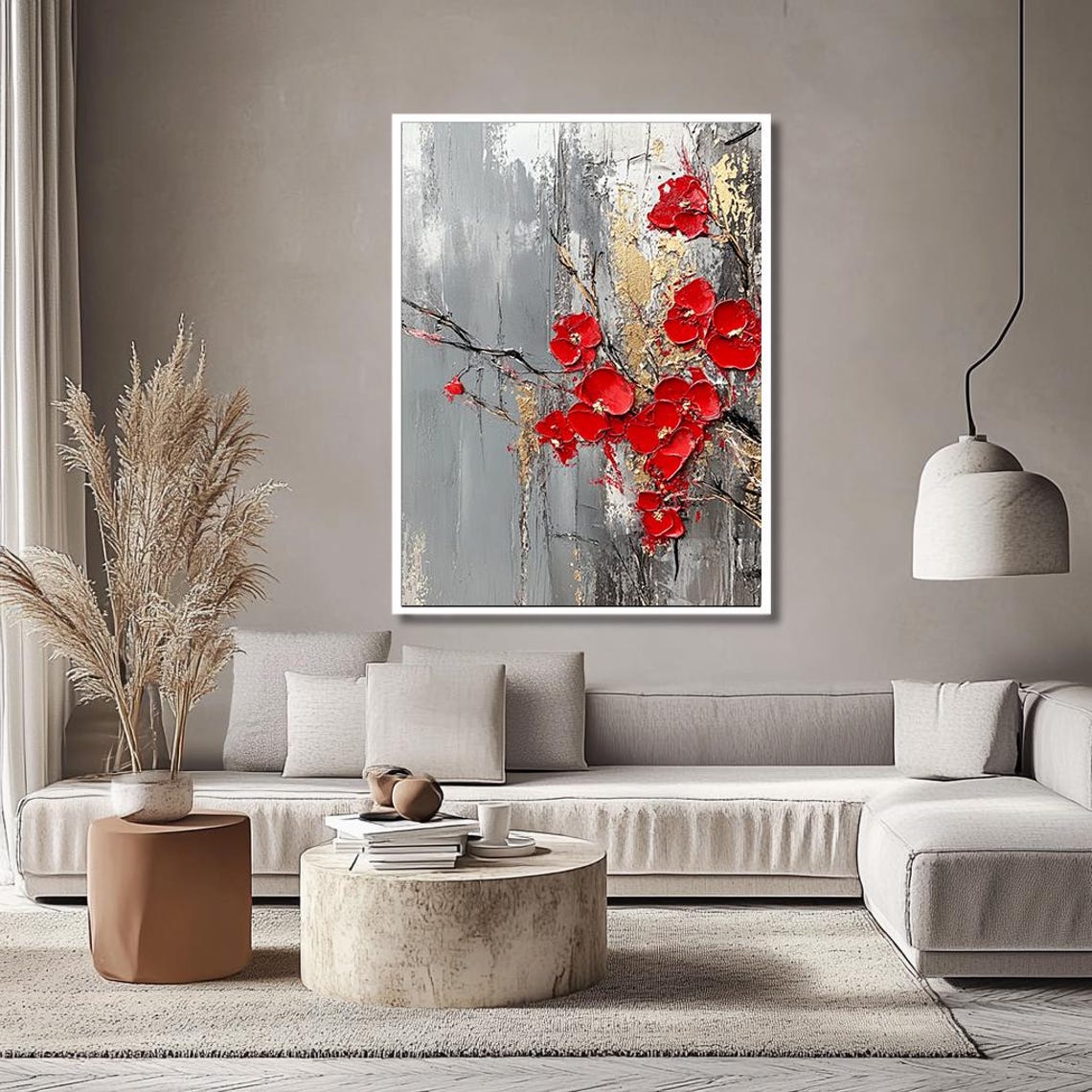 Red Blossom Branches On Grey And Gold Textured Floral Poster - Image 2