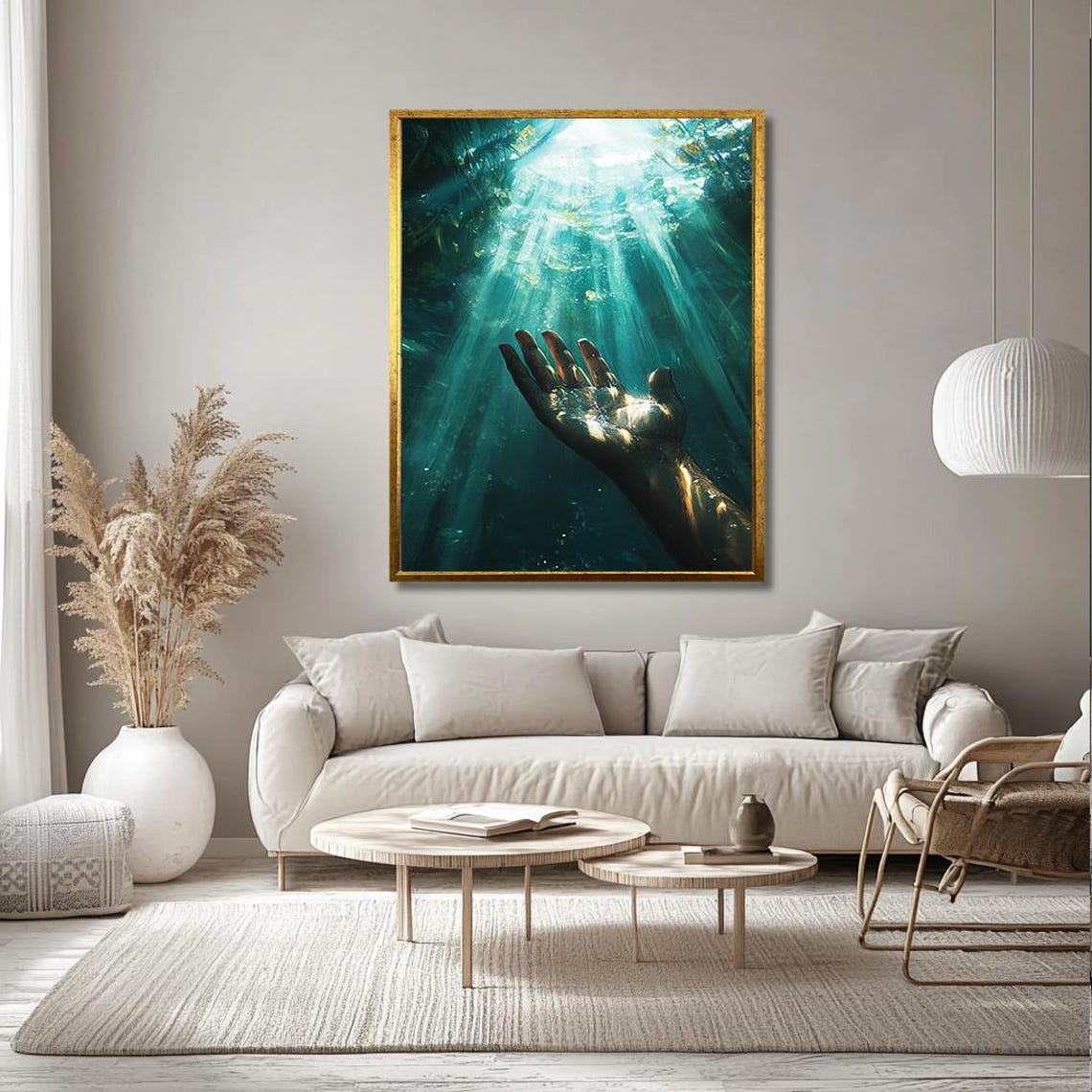 Underwater Hand Reaching Up Toward Sunlight Rays Ocean Art Poster - Image 3