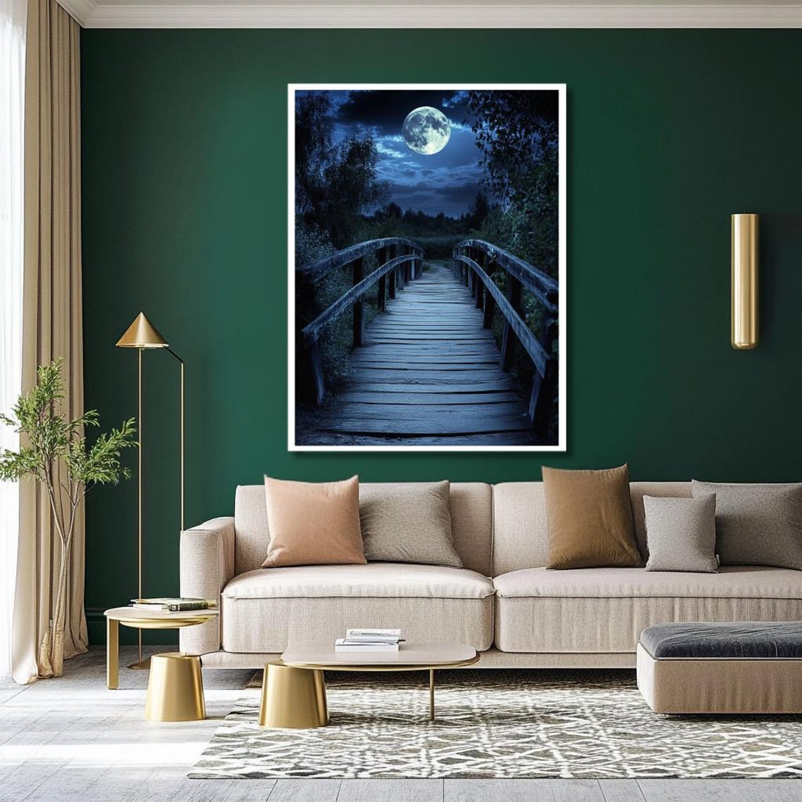 Moonlit Bridge Wall Art Tranquil Night Landscape With Wooden Pathway And Full Moon Serene Nature Decor For Living Room Large - Image 2