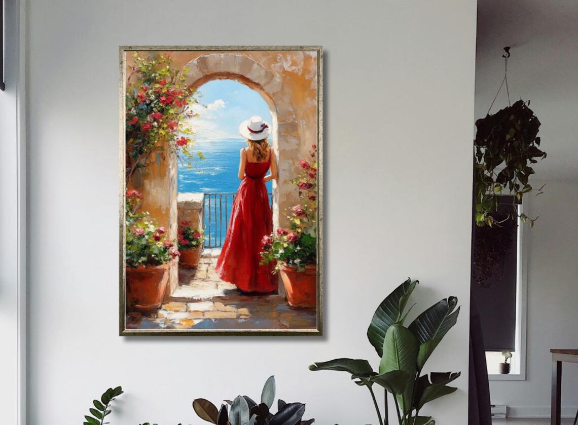 Woman in Red Dress at Mediterranean Coastal Archway Sea View Poster