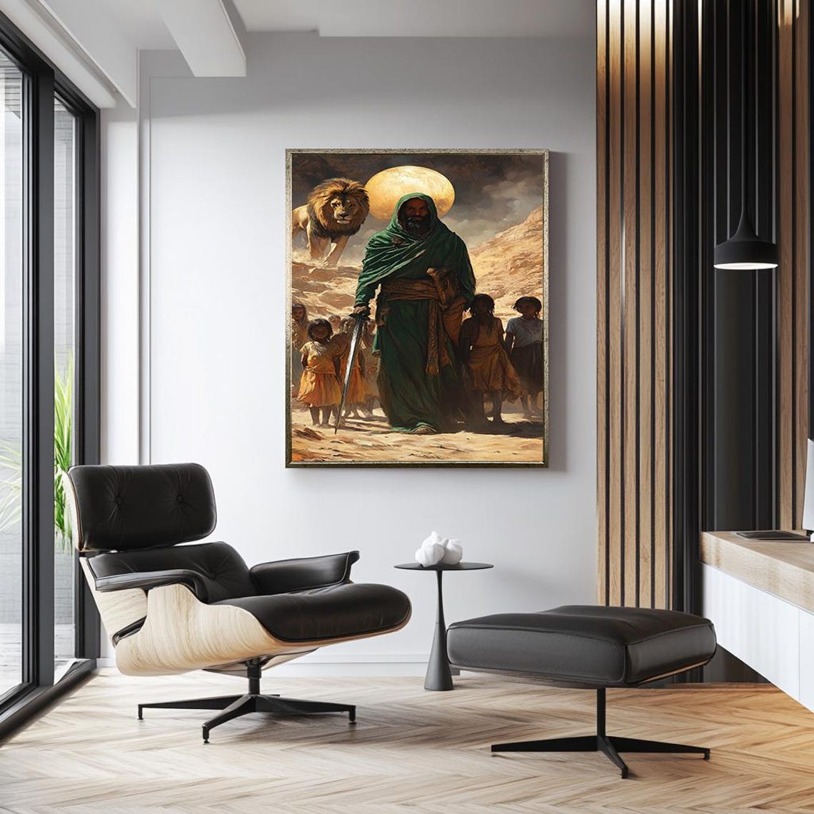 Hooded Warrior with Sword and Lion Guarding the Children Poster - Image 3