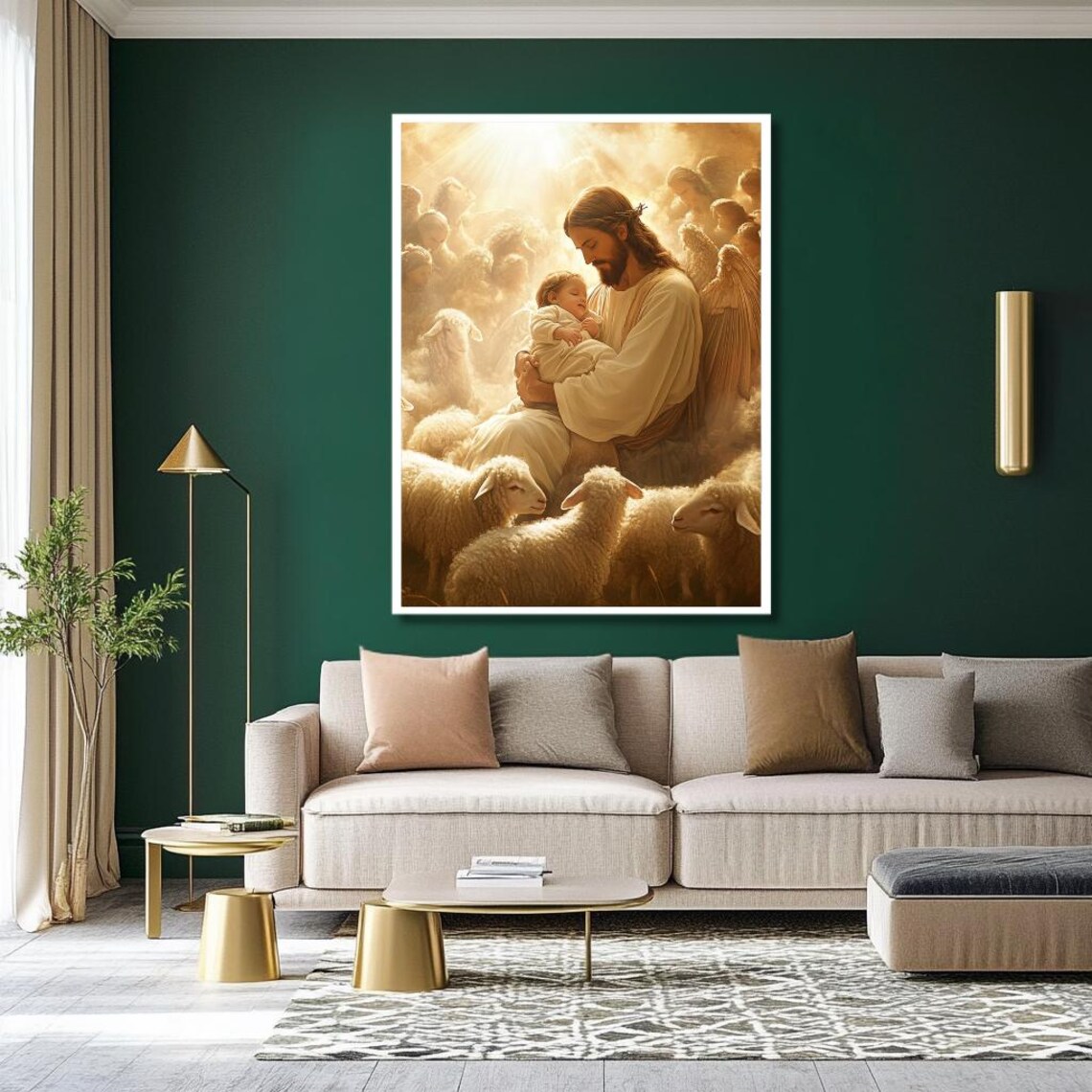 Jesus Holding a Baby Among Angels and Sheep Heavenly Art Poster - Image 3