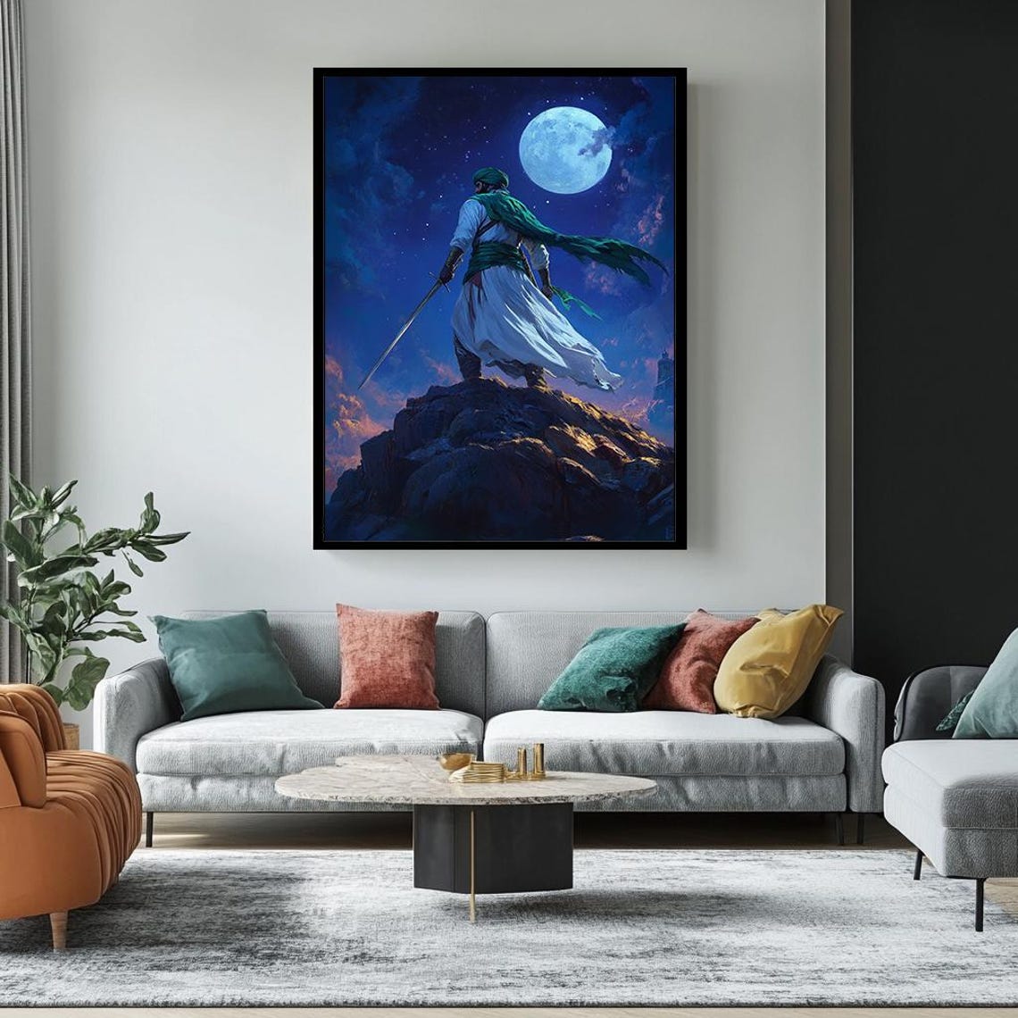 Epic Moonlight Wall Art Heroic Fantasy Painting Print Night Sky Battle Scene Mysterious Sword Fighter Artwork Legendary Warrior Decor - Image 3
