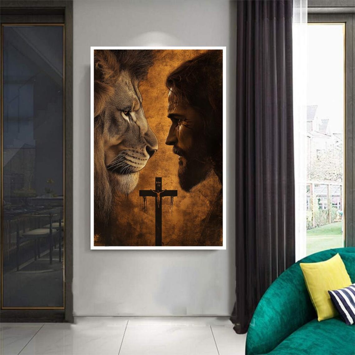 Lion and Jesus Face to Face with Cross Sepia Christian Art Poster