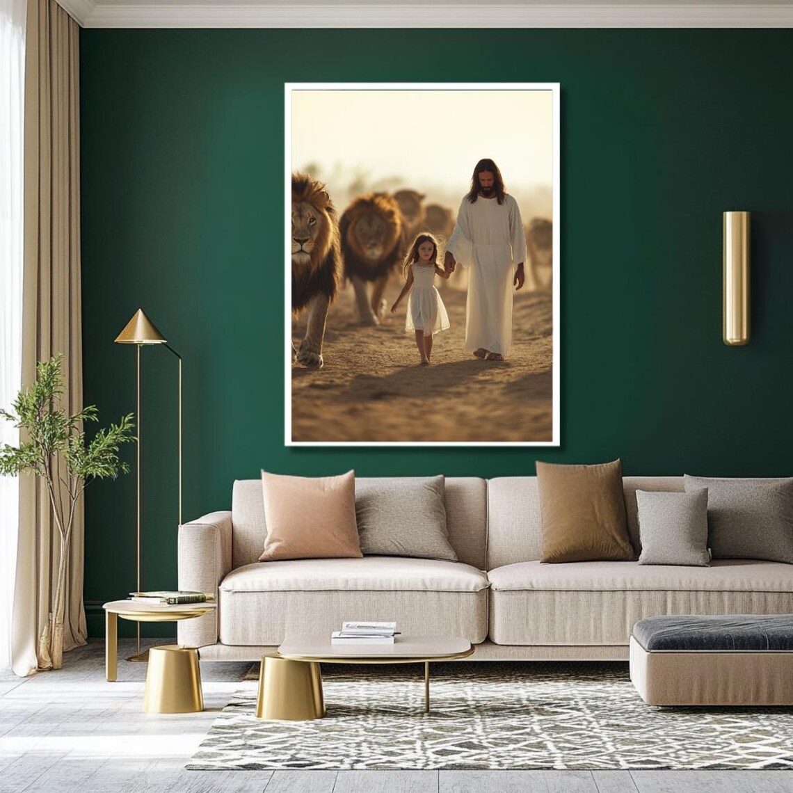 Jesus Walking with Little Girl Among Lions Golden Light Art Poster - Image 2