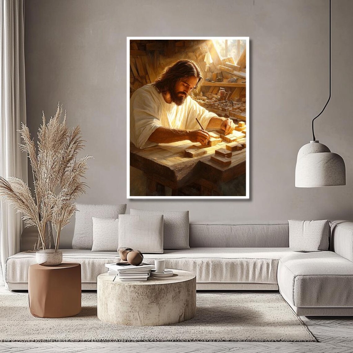 Jesus Working Wood In The Carpenter Workshop Christian Faith Art Poster - Image 2