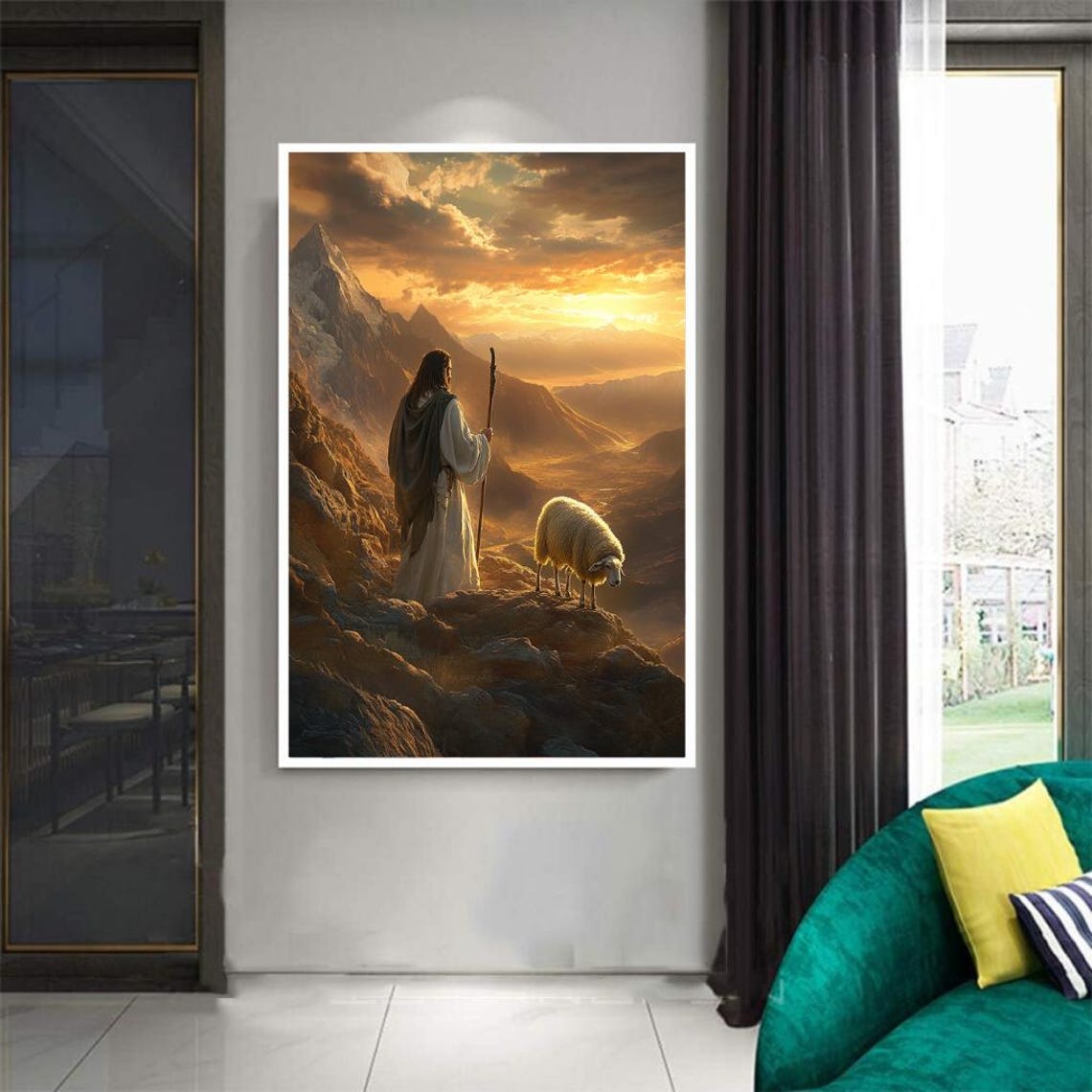 Shepherd With Staff And Sheep On Mountain At Golden Sunset Poster - Image 3