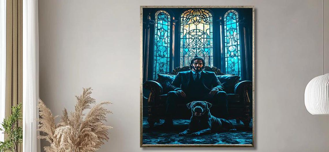 Dark Gothic Portrait Man on Throne with Loyal Black Dog Print