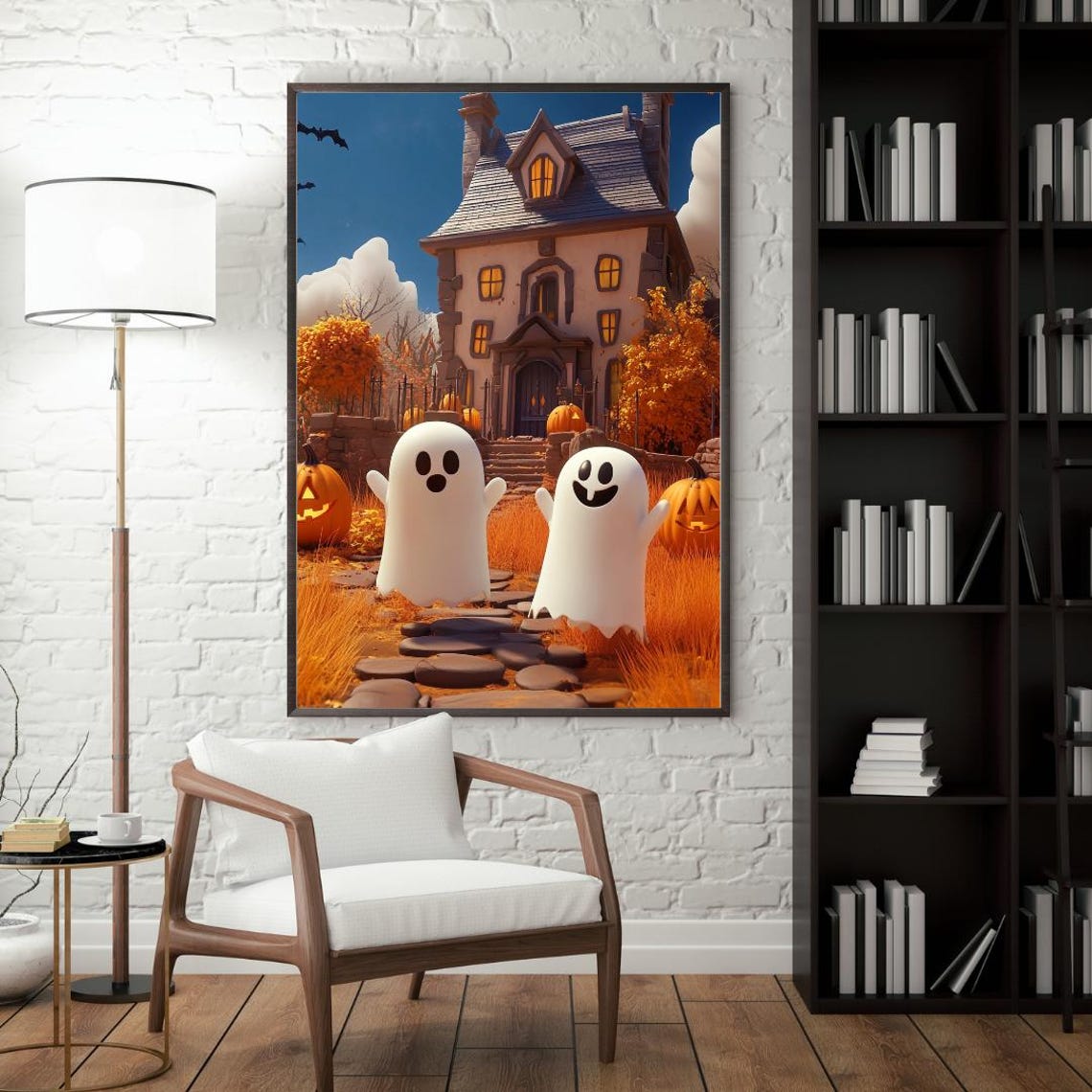 Cute Happy Ghosts at Haunted House Pumpkin Patch Autumn Poster - Image 2