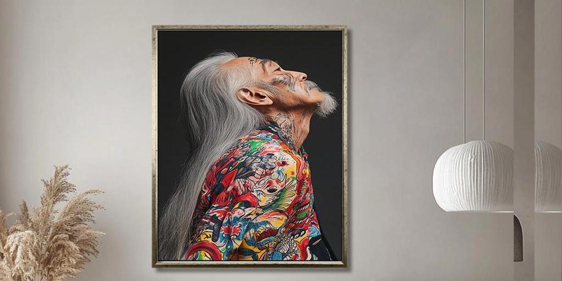 Tattooed Elderly Asian Man With Long White Hair Portrait Poster