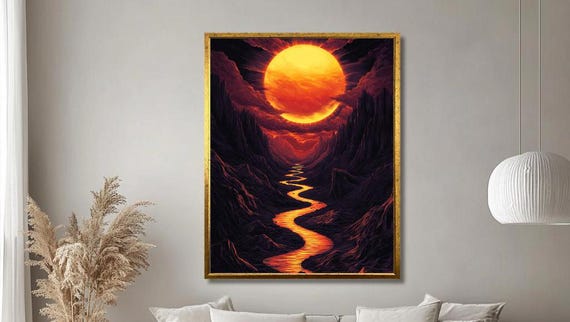 Fiery Sunset River Wall Art Surreal Landscape With Glowing Sun And Flowing River Dramatic Nature Decor For Living Room Large