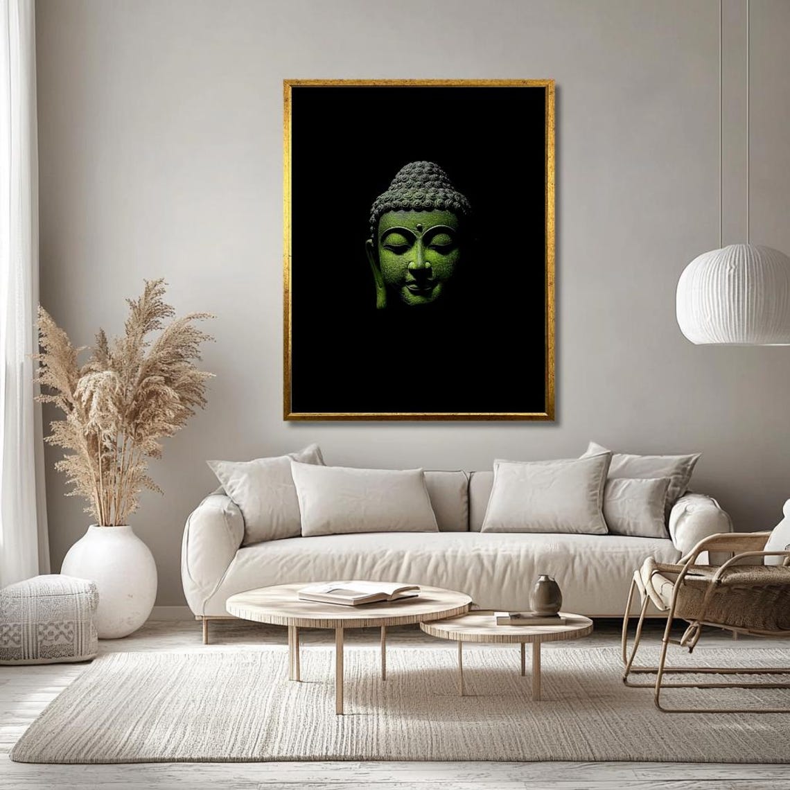 Green Buddha Head Sculpture On Black Dramatic Zen Art Poster - Image 3
