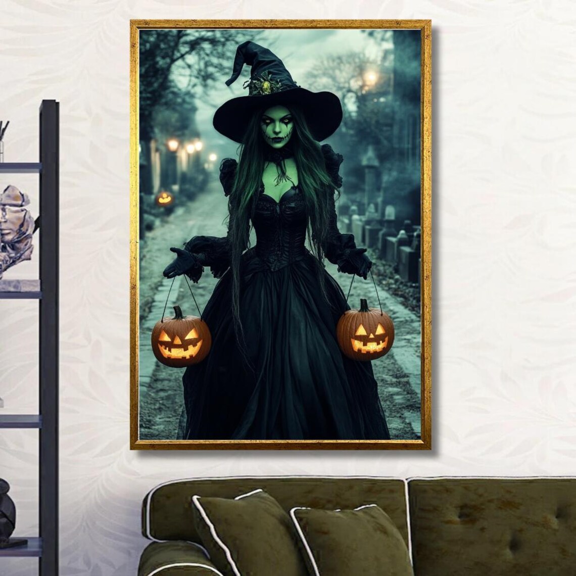 Halloween Witch Poster: Gothic Witch With Jack-O-Lanterns in a Cemetery - Image 3