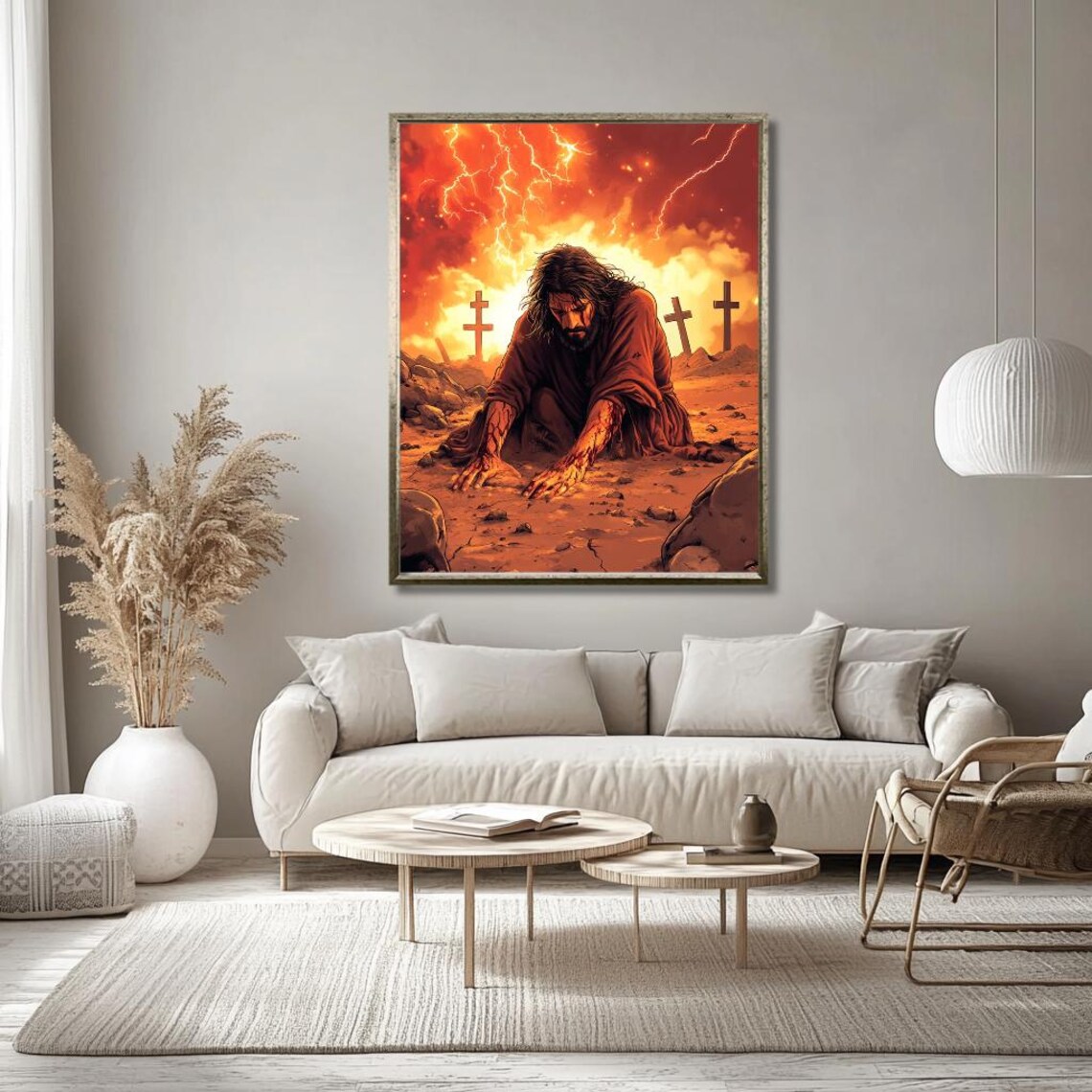 Jesus Kneeling in Suffering Beneath a Fiery Sky of Crosses Poster - Image 2