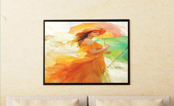 Summer Dance Wall Art Orange Dress Print Whimsical Umbrella Wall Decor