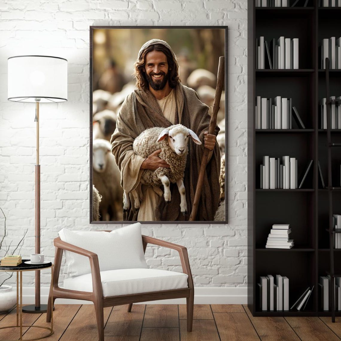 Smiling Jesus the Good Shepherd Holding Lamb Religious Poster - Image 3
