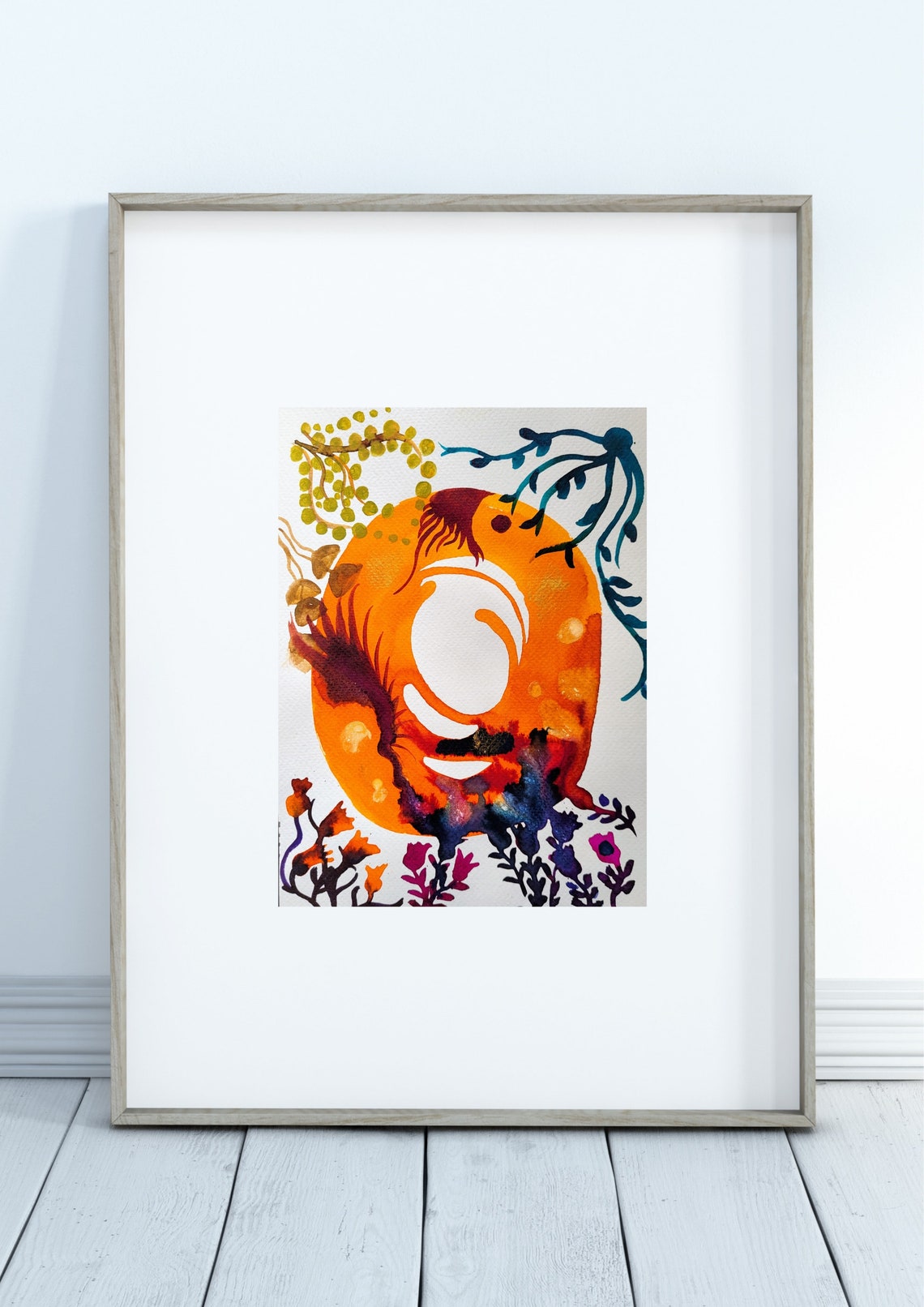 Fiery Orange Ink Art With Curled White Fox Silhouette Poster - Image 3