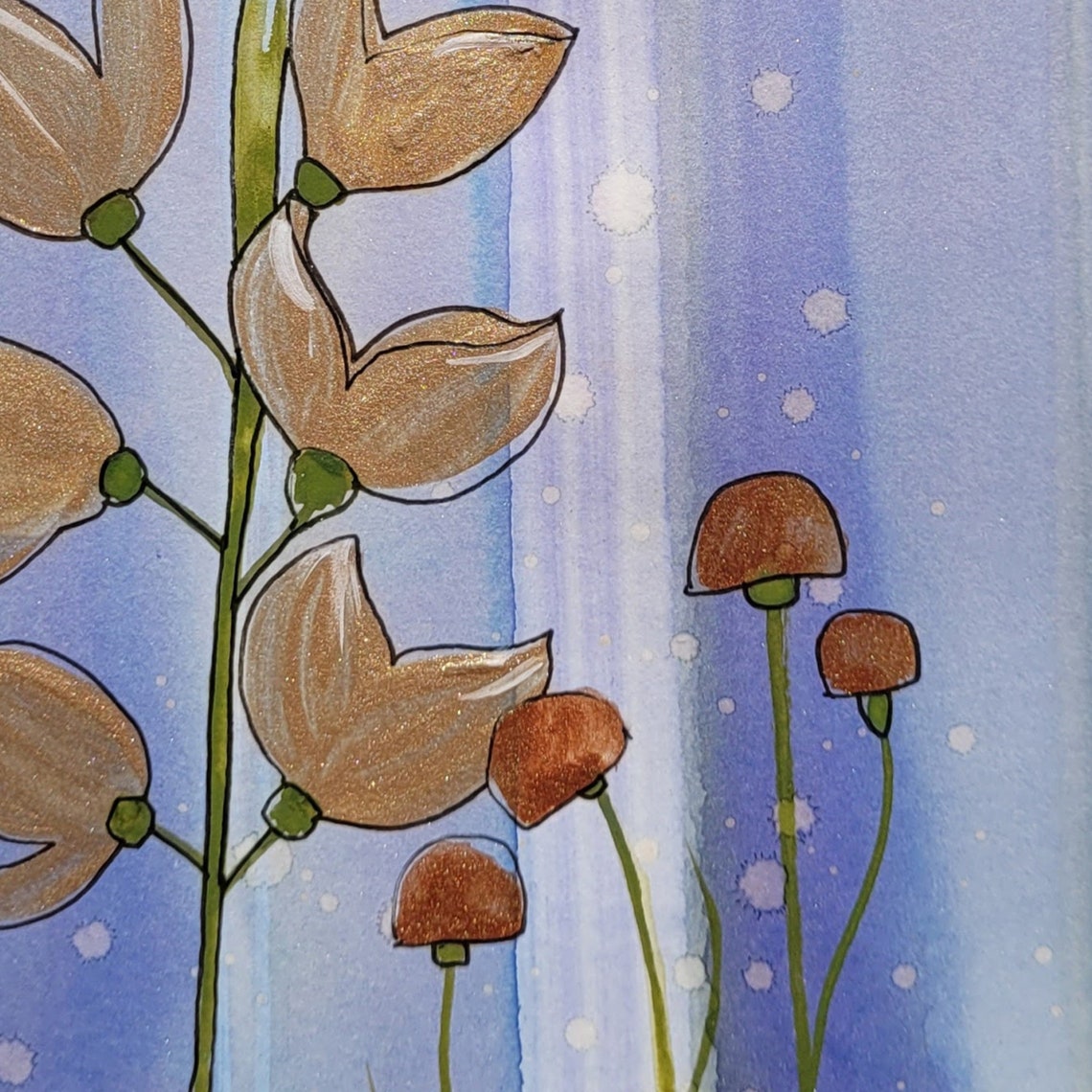 Tall Orange Bell Flower with Beige Buds Periwinkle Watercolor Poster - Image 2