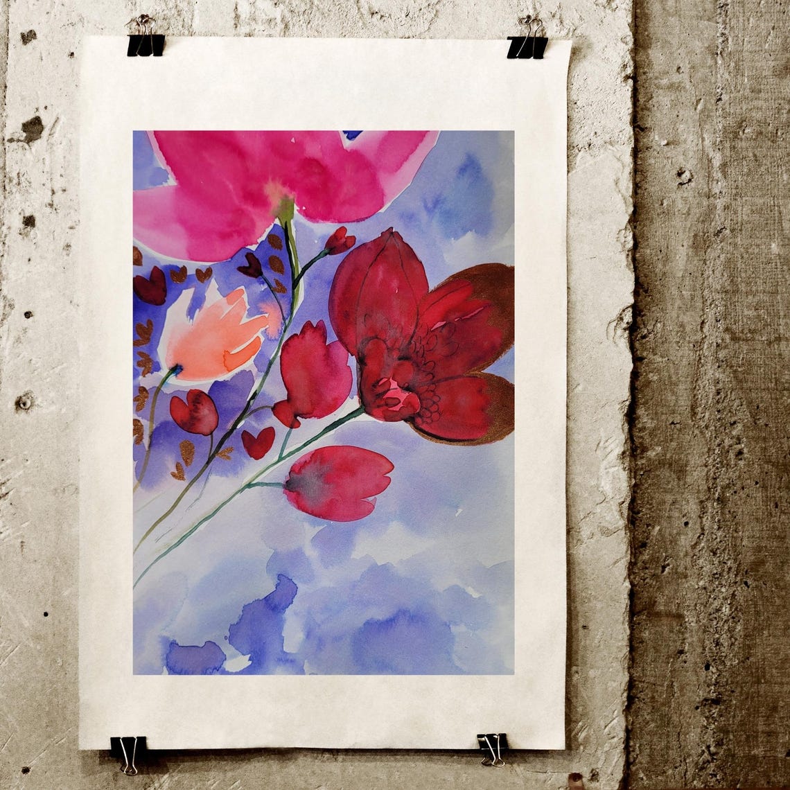 Delicate Pink Poppy Watercolor On Flowing Blue Wash Art Poster - Image 3