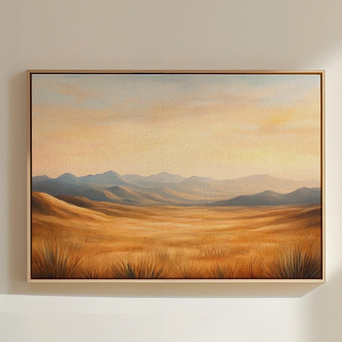 Warm Sunset Over Golden Prairie And Majestic Mountains Wall Art Print