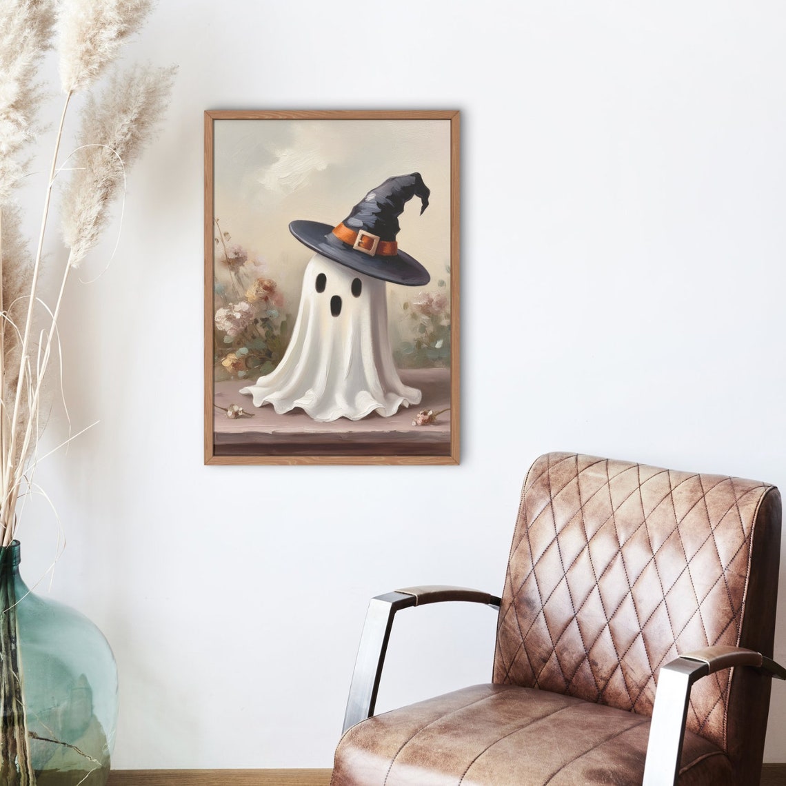 Cute Ghost In A Black Witch Hat With Roses Vintage Halloween Poster - Image 3