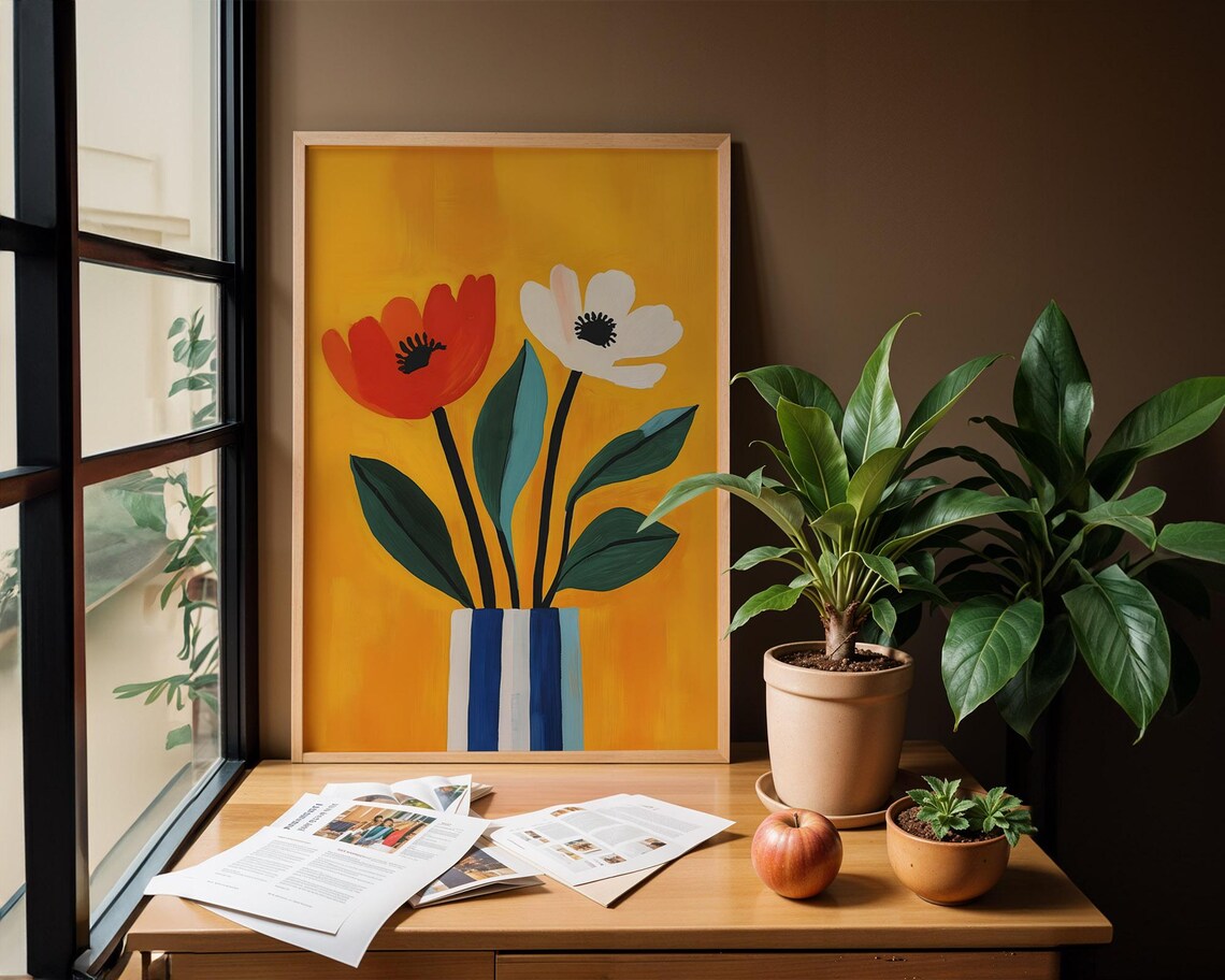 Red Poppy And White Anemone In A Striped Vase Bold Floral Poster - Image 3