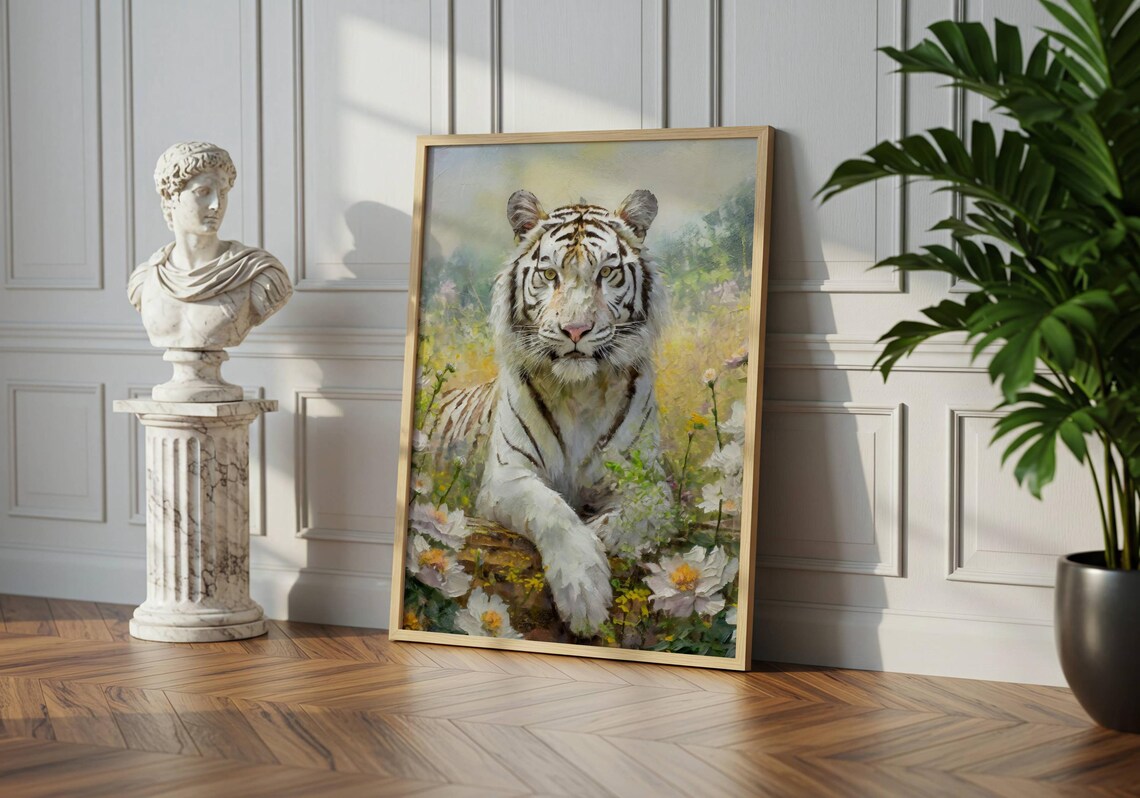 White Tiger Resting Among Flowers Majestic Wildlife Oil Painting Poster - Image 4
