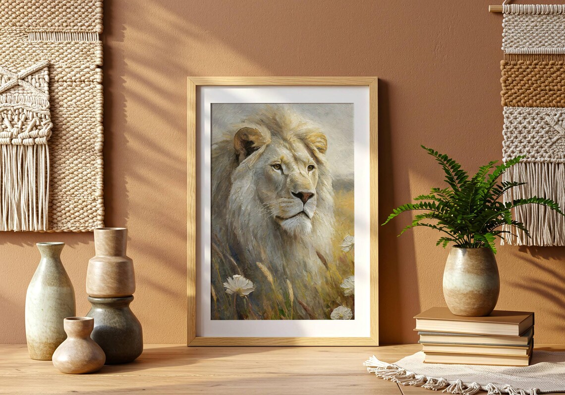 White Lion In Golden Wheat Field Textured Wildlife Oil Painting Poster - Image 3