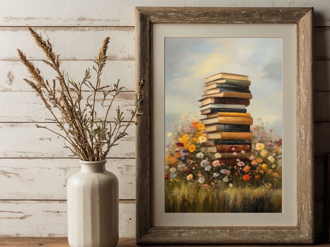 Tall Stack Of Antique Books In A Wildflower Meadow Art Poster - Image 3