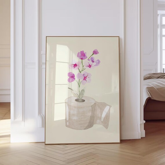Toilet Paper Roll Plant Print Watercolor Art Funny Bathroom Wall Botanical Minimalist