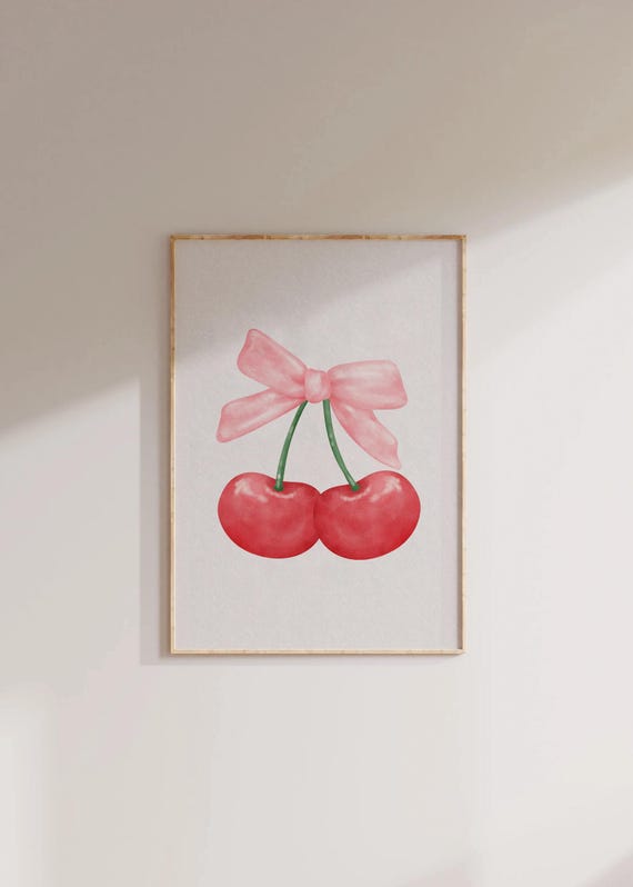 Trendy Cherries Print Coquette Room Decor Girly Wall Art Pink Bow Red Soft Girl Aesthetic Trendy Dorm Room Wall Art Poster
