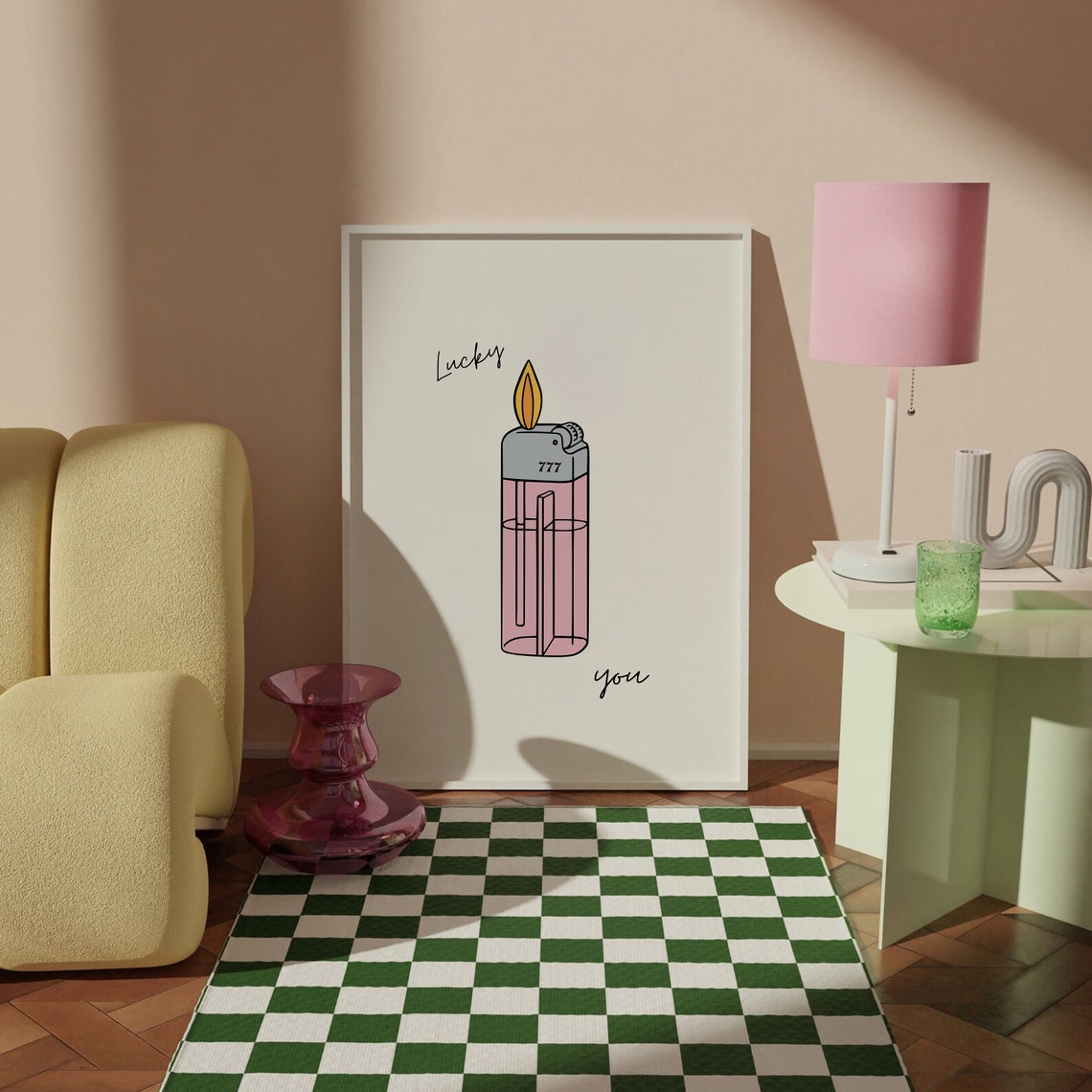 Lucky You 777 Pink Disposable Lighter Illustration Retro Wall Art - Image 2