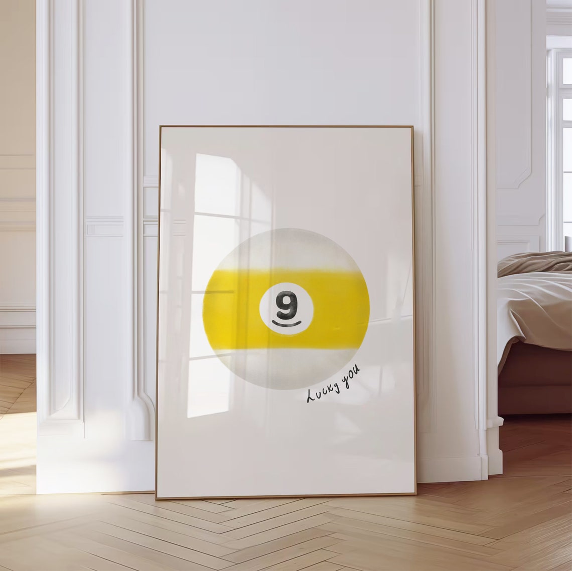 Lucky You Number 9 Yellow Pool Ball Hand Drawn Trendy Retro Wall Art - Image 2
